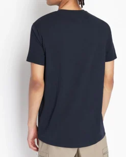 T-shirt blu a mezza manica tinta unita con logo piccolo ricamato sul petto