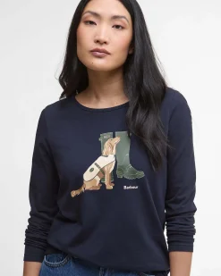 T-shirt blu Barbour in cotone stretch con stampa cane e stivali per la piogga
