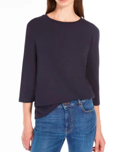 T-shirt blu in jersey di cotone stretch con maniche a tre quarti