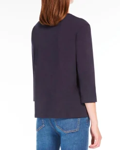 T-shirt blu in jersey di cotone stretch con maniche a tre quarti