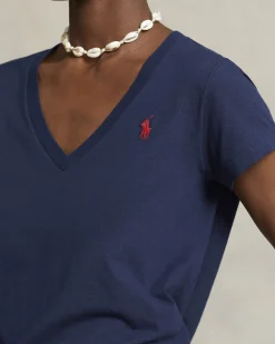 T-shirt blu nvy in cotone con scollo a V e logo rosso ricamato
