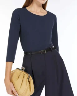T-shirt blu Weekend Max Mara in jersey di cotone stretch con maniche a tre quarti