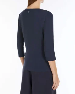 T-shirt blu Weekend Max Mara in jersey di cotone stretch con maniche a tre quarti
