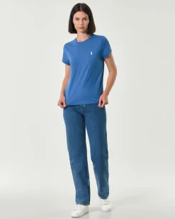 T-shirt bluette Polo Ralph Laure in cotone con scollo tondo e logo bianco ricamato