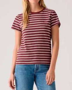 T-shirt bordeaux a righe bianche Levi's® in cotone con micro logo Batwing ricamato sul petto