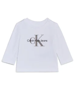 T-shirt Calvin Klein bianca in cotone stretch a maniche lunghe logata