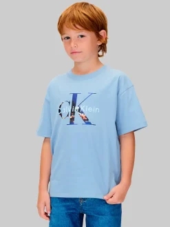 T-shirt Calvin Klein celeste in puro cotone con scritta logo monogram multicolor