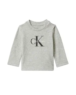 T-shirt Calvin Klein grigia in cotone stretch a maniche lunghe e logo monogram