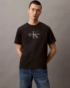 T-shirt Calvin Klein Jeans nera in cotone con logo monogramma stampato frontale