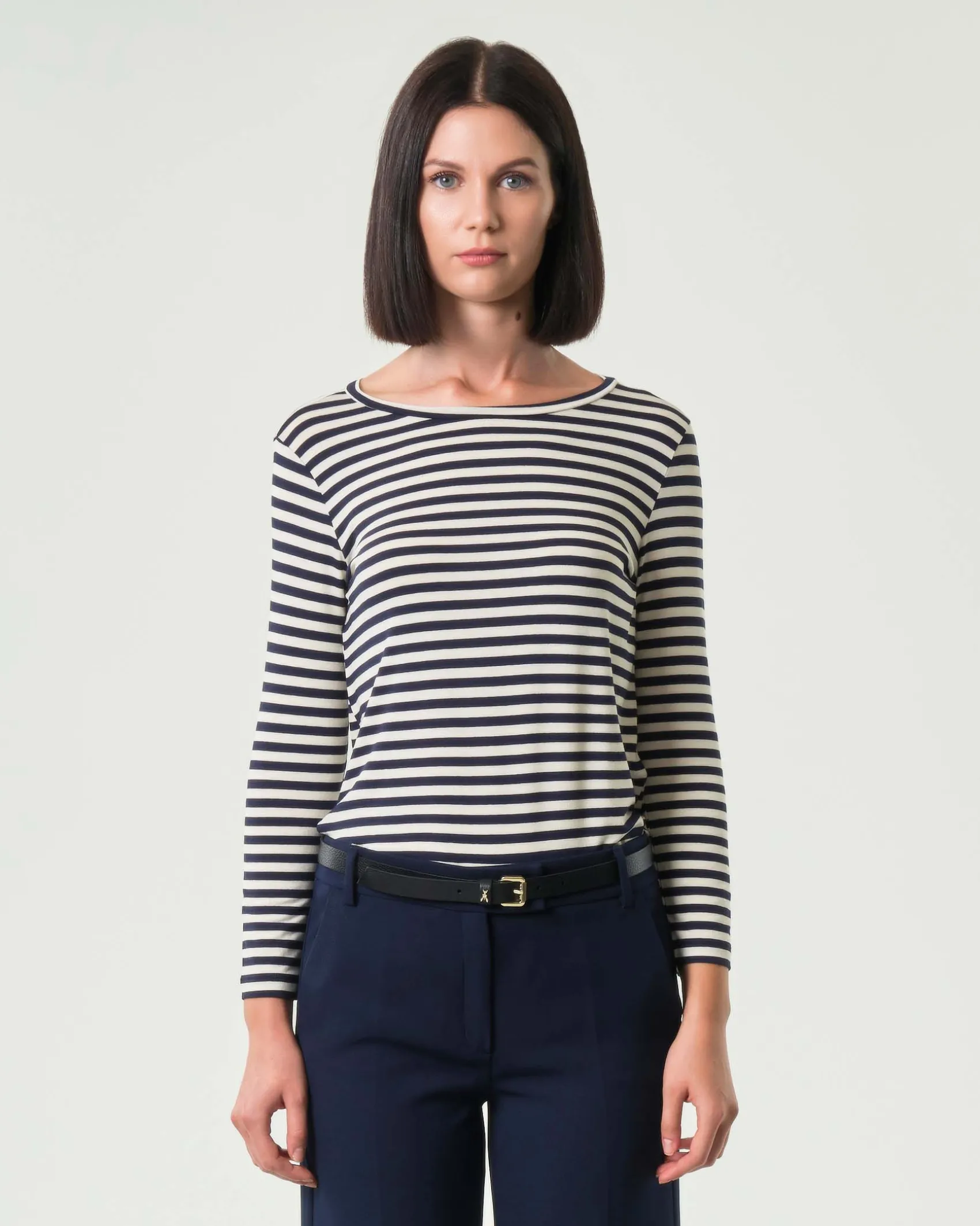 T-shirt color panna a righe nere Emme Marella a maniche lunghe in viscosa stretch