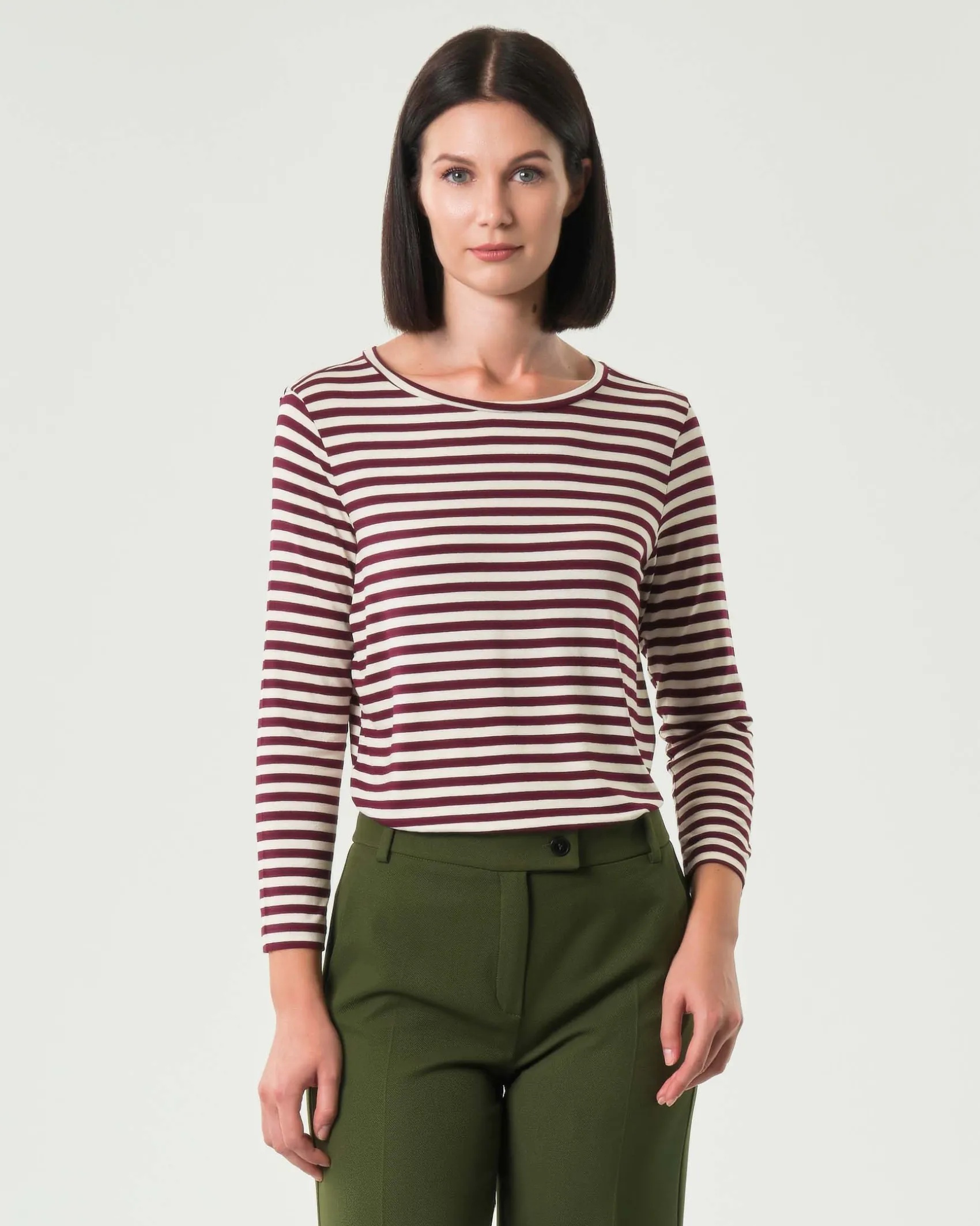 T-shirt color panna a righe bordeaux Emme Marella a maniche lunghe in viscosa stretch