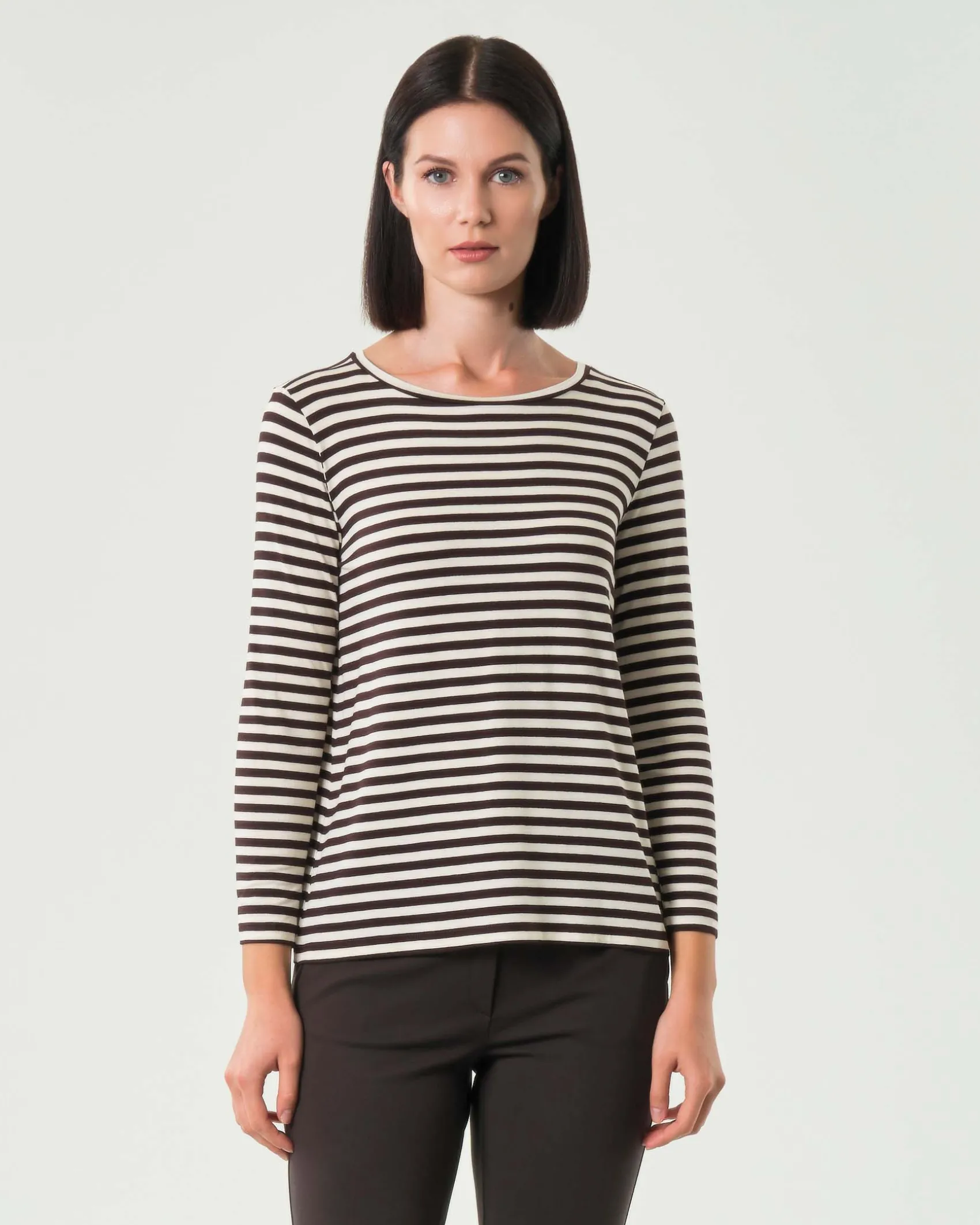 T-shirt color panna a righe marroni Emme Marella a maniche lunghe in viscosa stretch