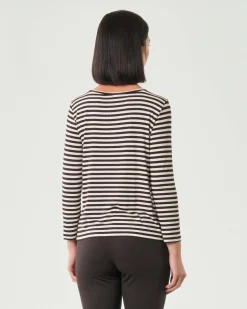 T-shirt color panna a righe marroni Emme Marella a maniche lunghe in viscosa stretch