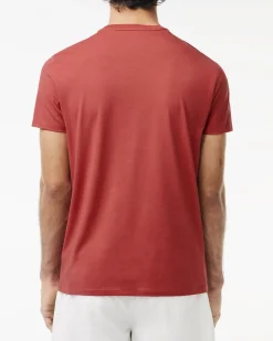 T-shirt corallo in pima cotton con logo coccodrillo verde