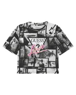 T-shirt cropped nera Guess in cotone stretch a maniche corte con fantasia foto