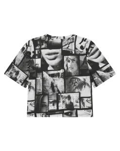 T-shirt cropped nera Guess in cotone stretch a maniche corte con fantasia foto