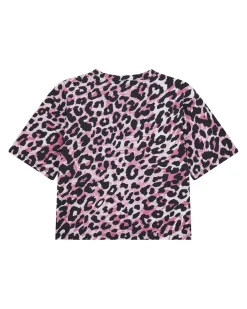 T-shirt cropped rosa Guess in cotone stretch a maniche corte con fantasia maculata