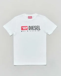 T-shirt Diesel bianca mezza manica in cotone con logo pioggia nero