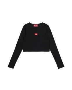 T-shirt Diesel nera a maniche lughe in cotone stretch a costine e mini logo rosso