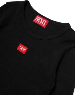 T-shirt Diesel nera a maniche lughe in cotone stretch a costine e mini logo rosso