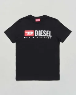 T-shirt Diesel nera mezza manica in cotone con logo pioggia bianco