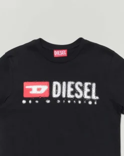 T-shirt Diesel nera mezza manica in cotone con logo pioggia bianco