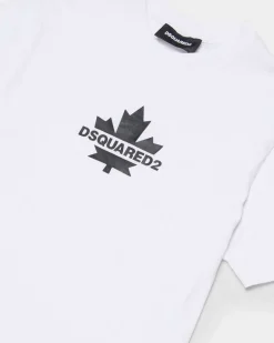 T-shirt Dsquared2 bianca in puro cotone con foglia logo icon nera