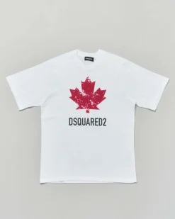 T-shirt Dsquared2 bianca in puro cotone con foglia logo rossa