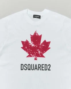 T-shirt Dsquared2 bianca in puro cotone con foglia logo rossa