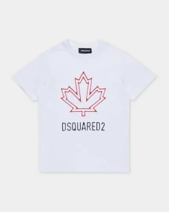 T-shirt Dsquared bianca mezza manica con foglia d'acero rossa e logo nero
