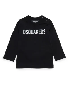 T-shirt Dsquared nera in cotone a maniche lunghe con scritta logo nera e bottoncini sulla spalla
