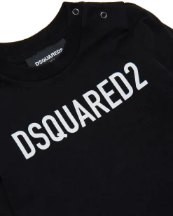 T-shirt Dsquared nera in cotone a maniche lunghe con scritta logo nera e bottoncini sulla spalla
