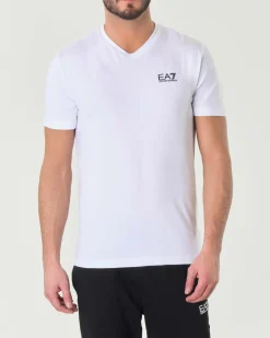 T-shirt EA7 bianca in cotone stretch con scollo a V e logo nero sul petto