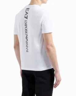 T-shirt EA7 bianca in puro cotone con maxi logo stampato verticale sul retro