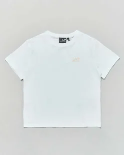 T-shirt EA7 bianca mezza manica in cotone stretch con logo color oro