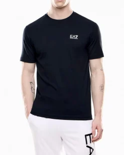 T-shirt EA7 blu in puro cotone con maxi logo stampato verticale sul retro