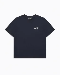 T-shirt EA7 blu mezza manica in puro cotone con logo EA7 piccolo