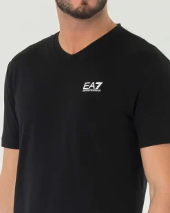 T-shirt EA7 nera in cotone stretch con scollo a V e logo bianco sul petto