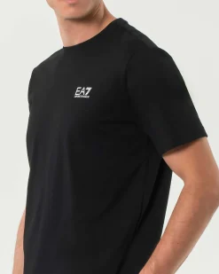 T-shirt EA7 nera in puro cotone con maxi logo stampato verticale sul retro