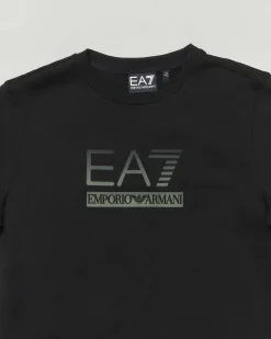 T-shirt EA7 nera mezza manica in puro cotone con logo EA7 verde