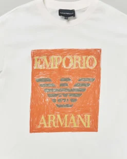 T-shirt Emporio Armani bianca in cotone a maniche corte con maxi stampa logo arancione