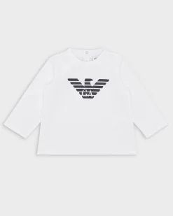 T-shirt Emporio Armani bianca manica lunga in cotone stretch con logo aquila