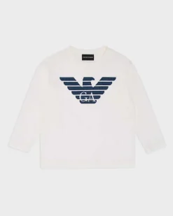 T-shirt Emporio Armani bianca manica lunga con maxi logo aquila blu ricamato
