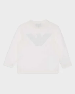 T-shirt Emporio Armani bianca manica lunga con maxi logo aquila blu ricamato