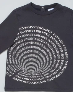 T-shirt Emporio Armani blu in cotone a manica lunga con stampa scritte logo in grafica 3D