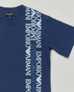T-shirt Emporio Armani blu in cotone a mezza manica con scritte logo verticali