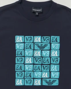 T-shirt Emporio Armani Junior nera in cotone a maniche corte con maxi stampa logo azzurra