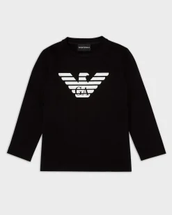 T-shirt Emporio Armani Junior nera manica lunga con logo aquila frontale