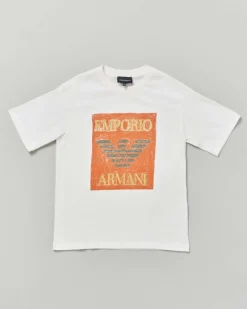 T-shirt Emporio Armani Junior bianca in cotone a maniche corte con maxi stampa logo arancione