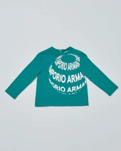 T-shirt Emporio Armani verde in cotone a manica lunga con stampa grafica scritte logo